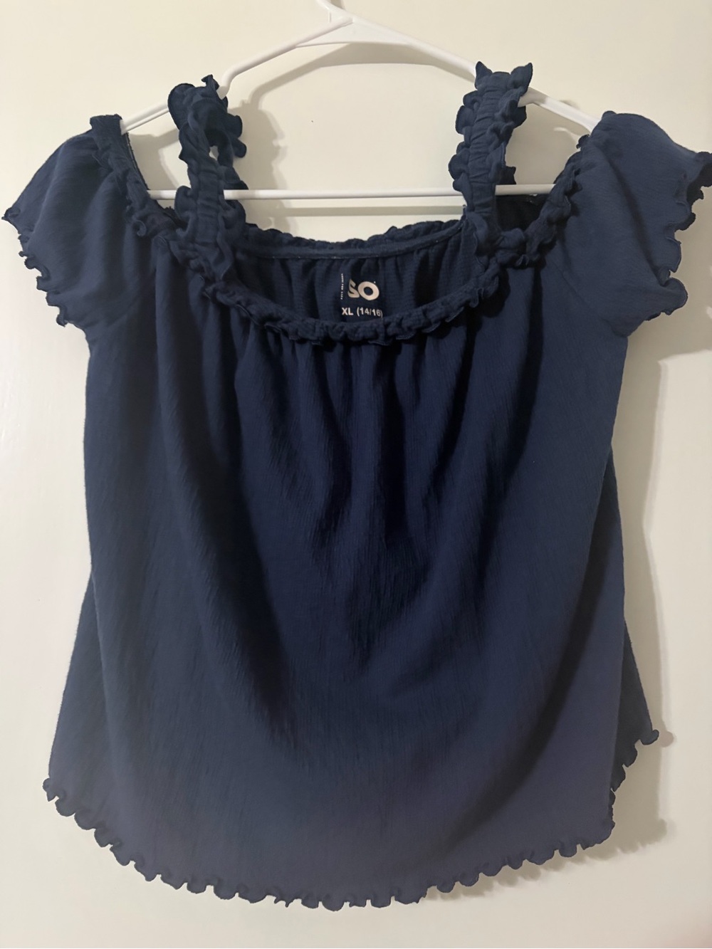SO Navy Ruffle-Trim Off-Shoulder Girls Top